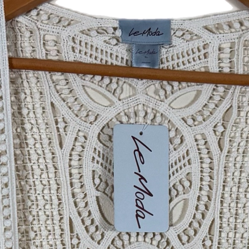 Le Moda Boho Crochet Open Front Cardigan/Beach Coverup M Ivory Romantic Beachy - Picture 5 of 7
